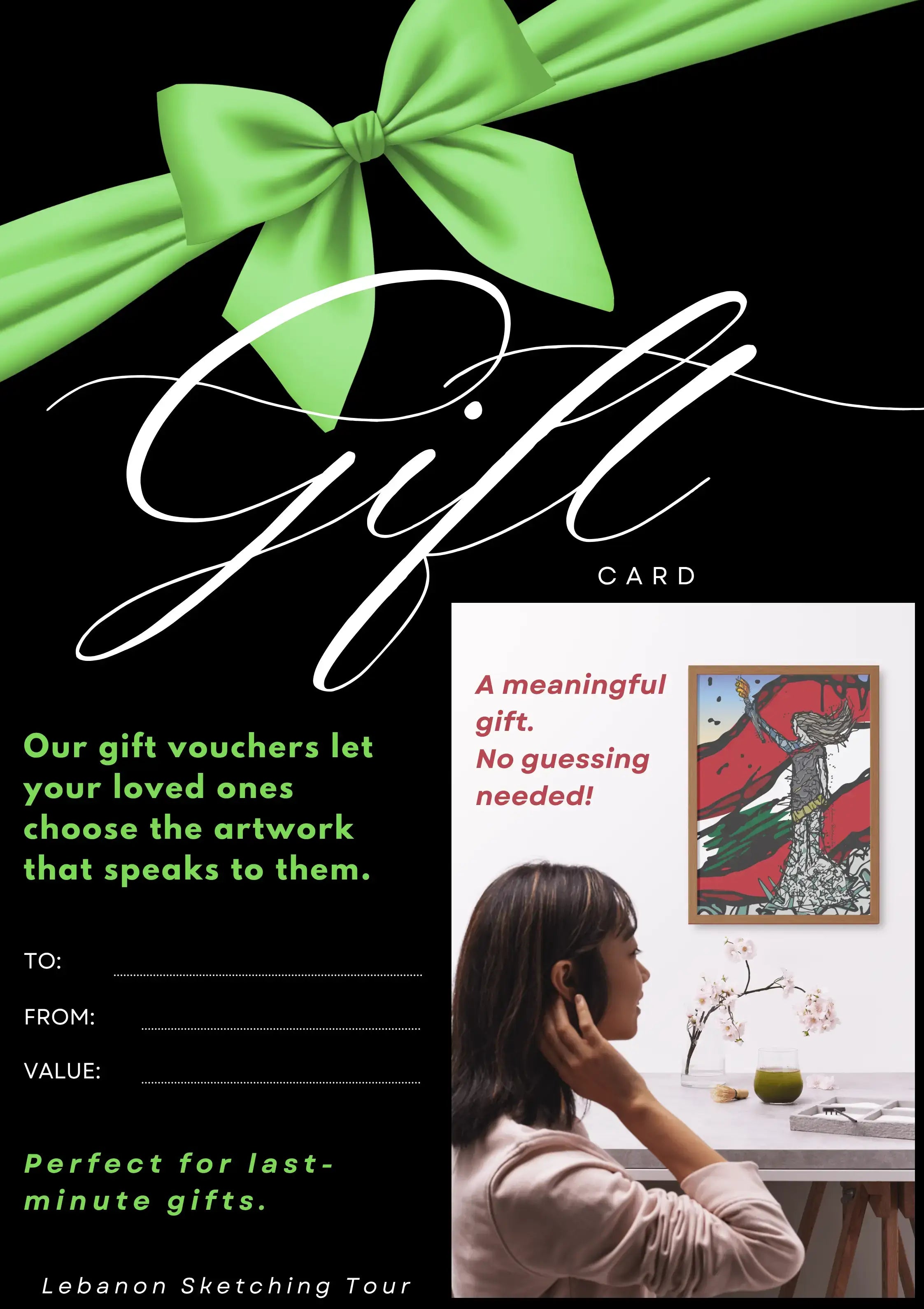 Lebanese gift card with a green bow and text about personalized artwork gift vouchers.